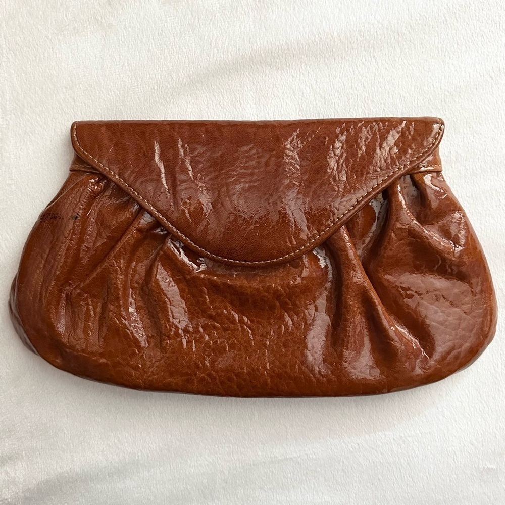 Lauren Merkin Caramel Cognac Brown Clutch Purse Envelope Closure Shiny Chic